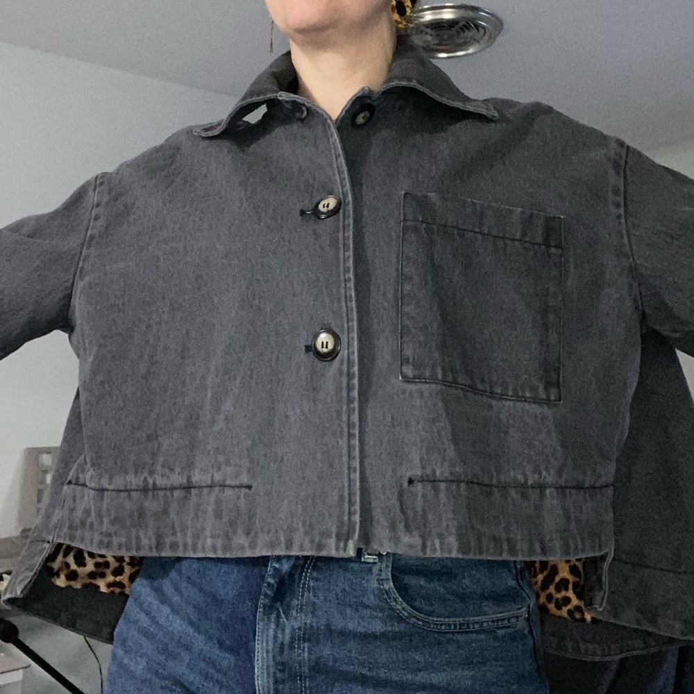 Womens Charcoal Button Jacket with Leopard Trim - Picture 5 of 7